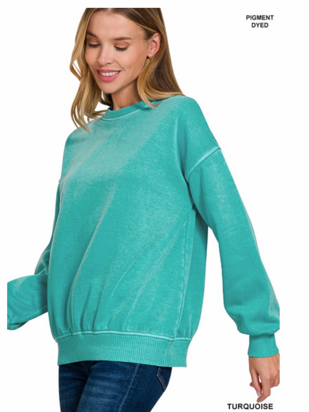 195 ❤️ turquoise ZENANA PIGMENT DYE FLEECE OVERSIZED PULLOVER